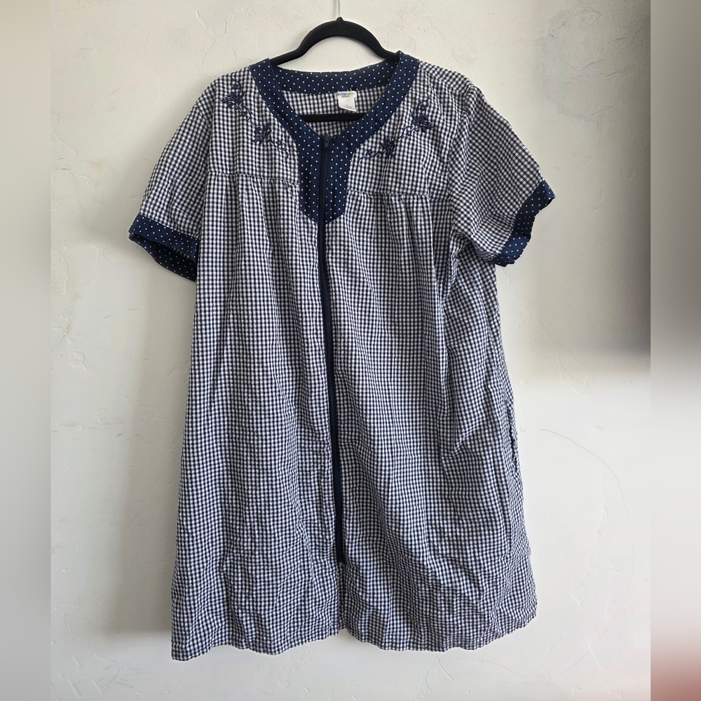 Navy Gingham Short Sleeve Smock Intimate with Contrast Trim
